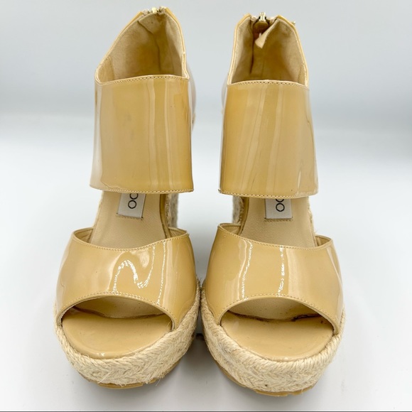 Jimmy Choo Lagoon Nude Patent Leather Wide Ankle Strap Espadrilles US5 - Picture 2 of 9